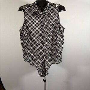 Y2K Deb 2X Plaid Floral Whimsigoth Black Sheer Button Tank Top Fairy Tie Emo VTG